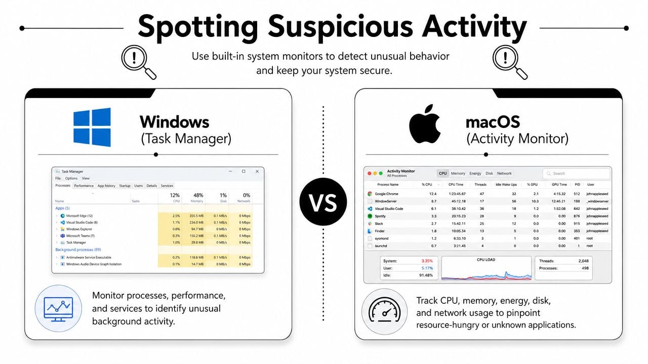 A comparison infographic showing Windows Task Manager and macOS Activity Monitor for spotting suspicious system activity.