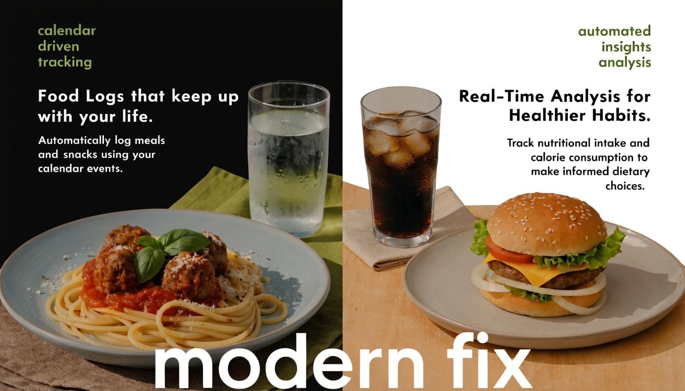 Split image showing spaghetti and soda comparing food logging and nutritional analysis for project management solutions.
