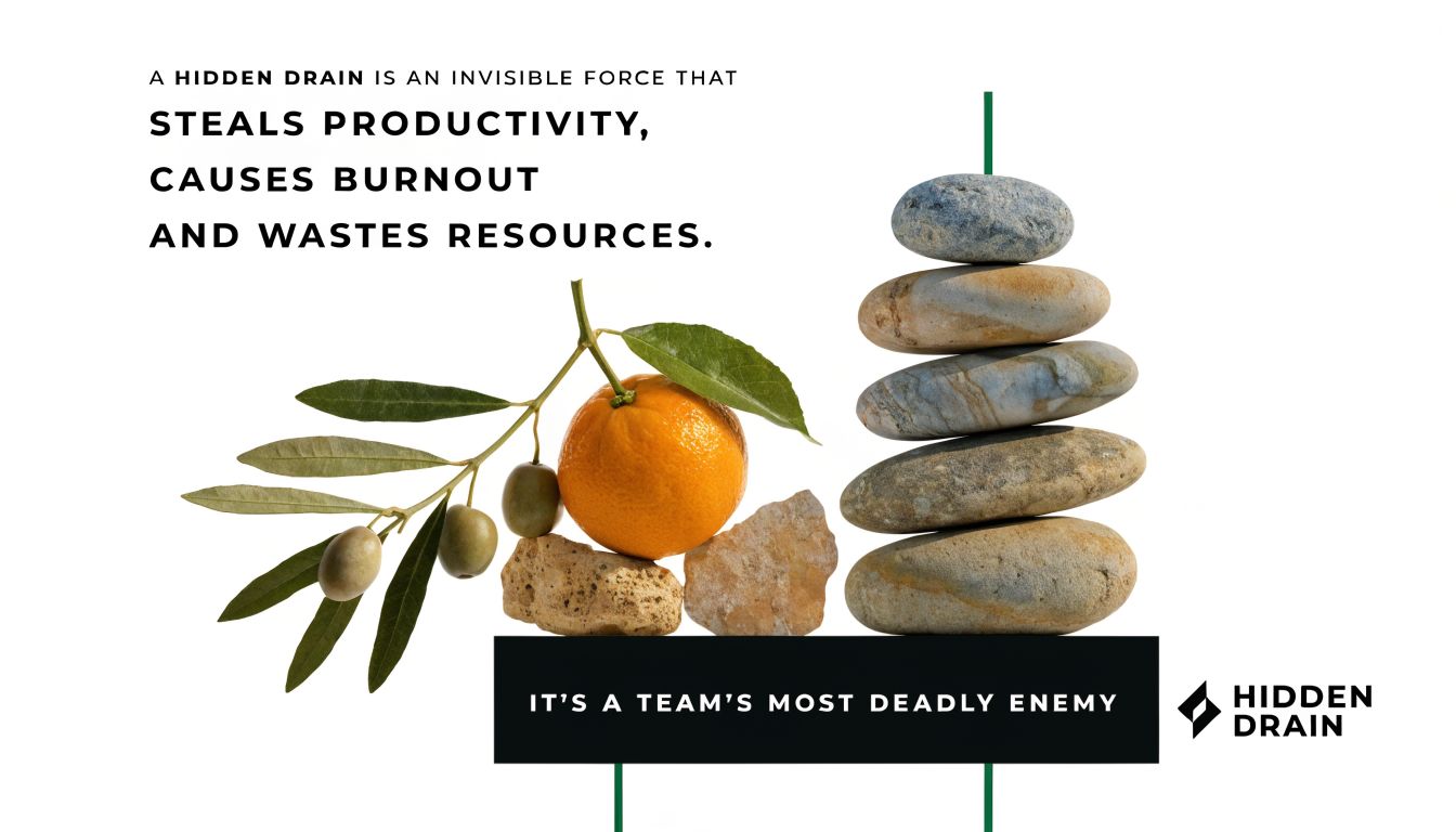 An inspirational graphic about project management showing stacked stones, an olive branch, and an orange.