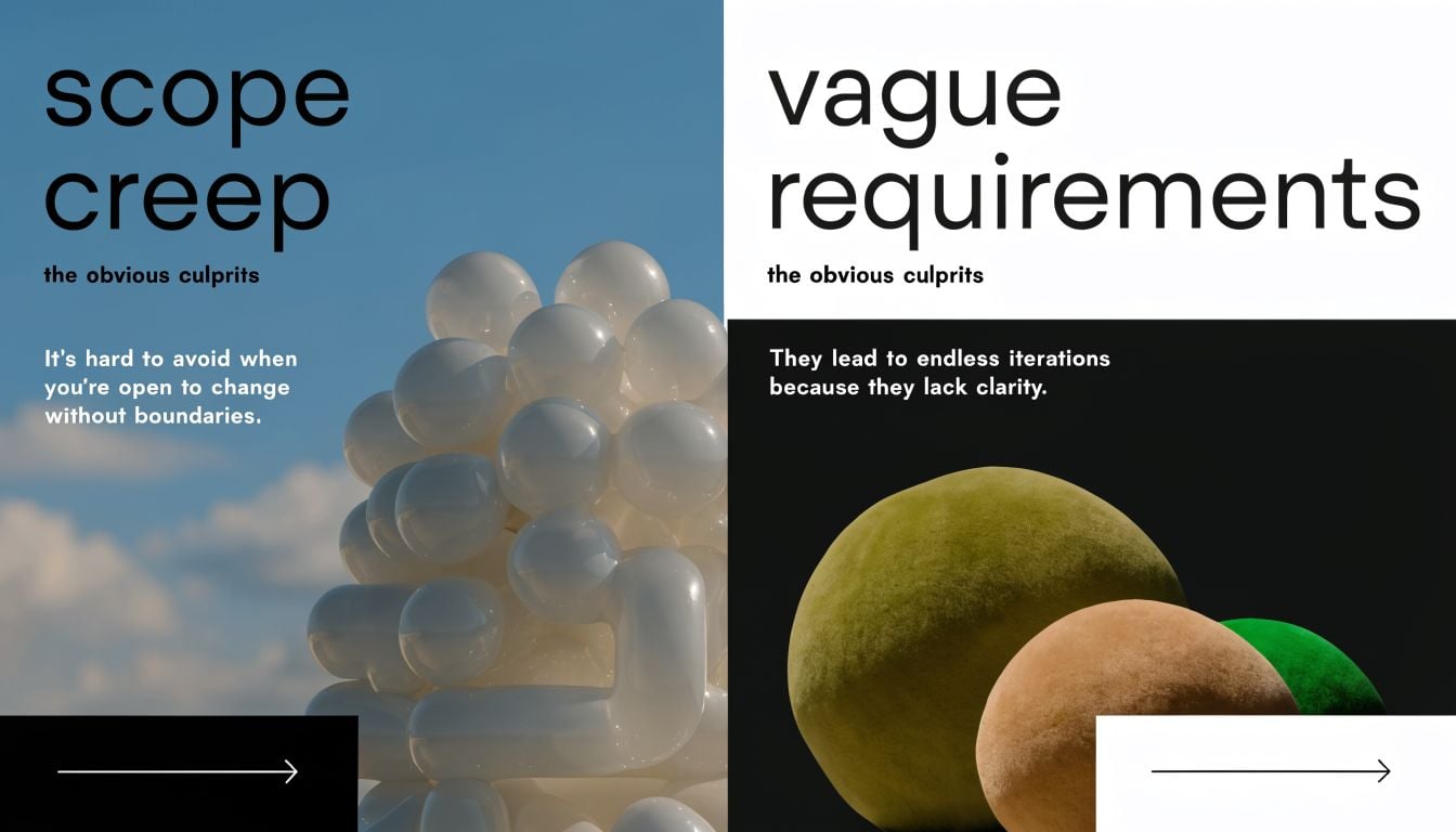 A split-screen infographic comparing scope creep and vague requirements as common project management issues.