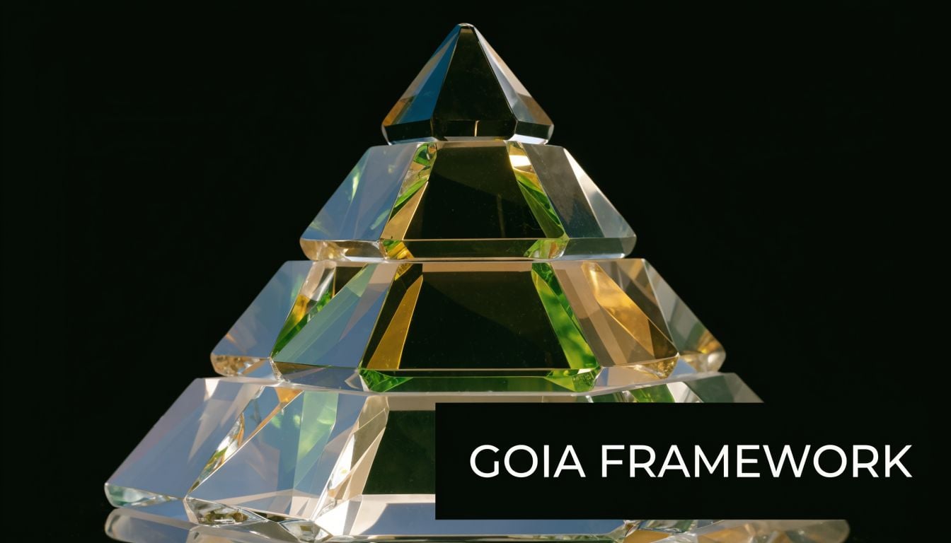 A crystalline pyramid-shaped object set against a black background with the text GOIA FRAMEWORK overlayed.