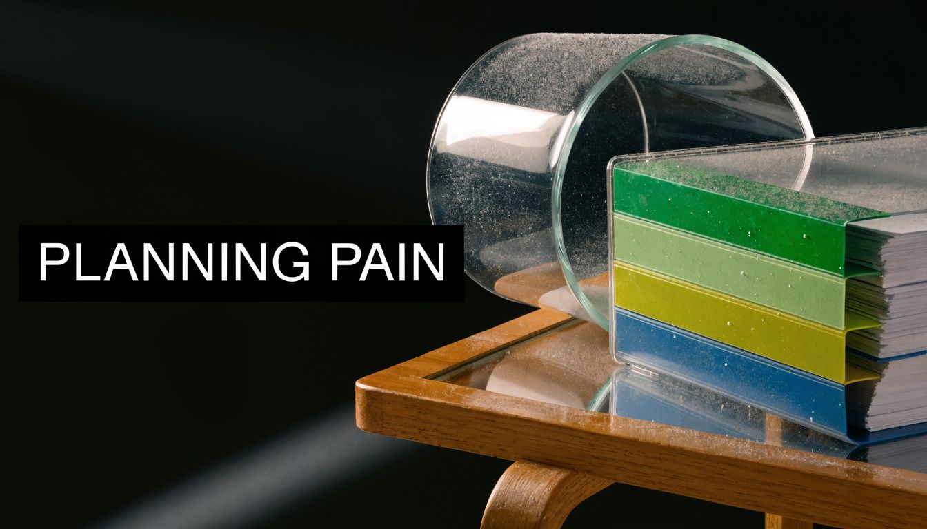 A glass cylinder lying on a table beside stacked colored document trays with the text PLANNING PAIN.