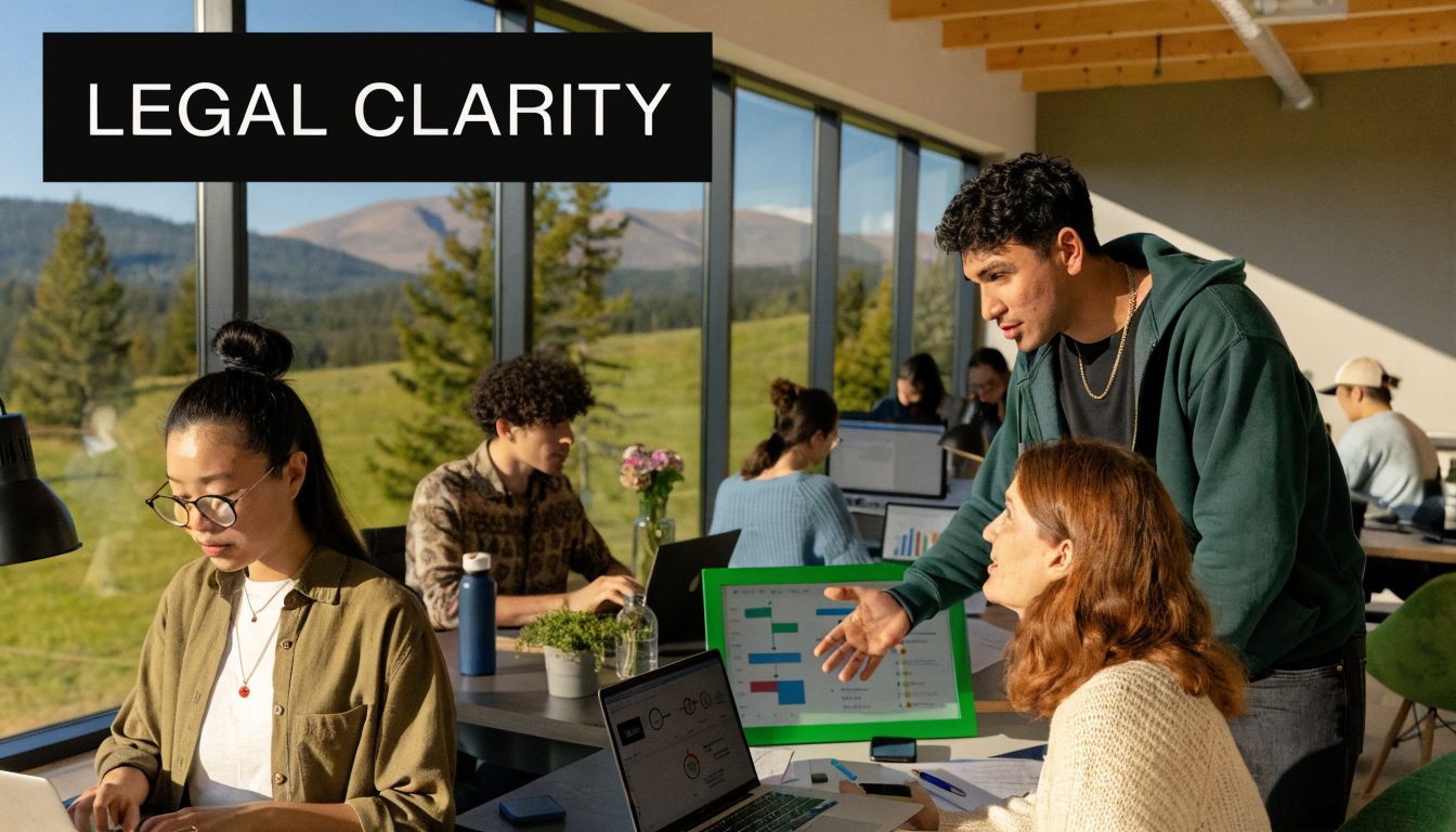 A diverse group of professionals working together in a bright, modern office with scenic mountain views.