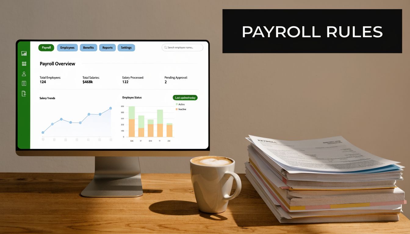 A computer monitor displaying a payroll dashboard next to a coffee cup and a stack of papers.