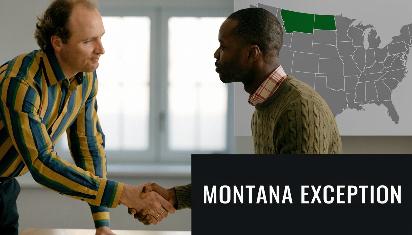 Two professional men shaking hands in an office setting with a US map graphic in the background.