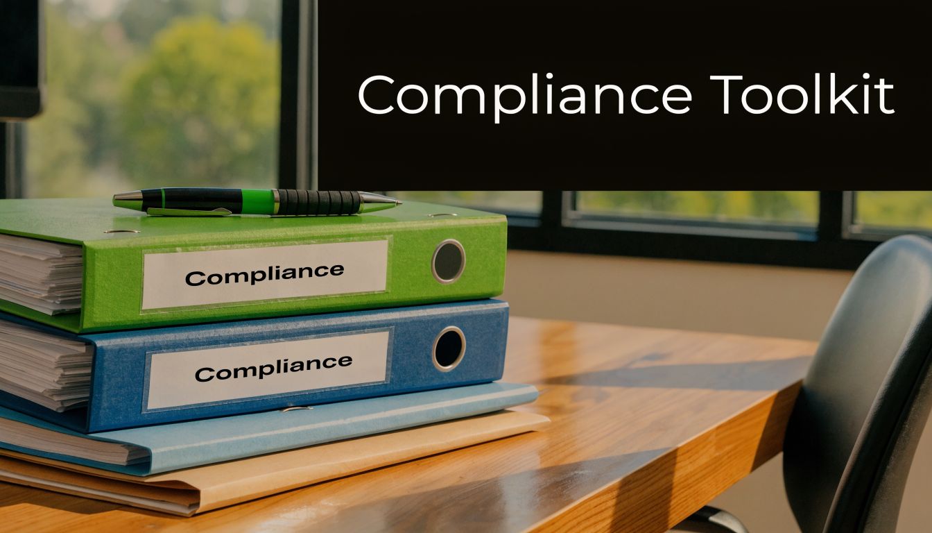 A stack of two compliance binders on a wooden office desk next to a pen.