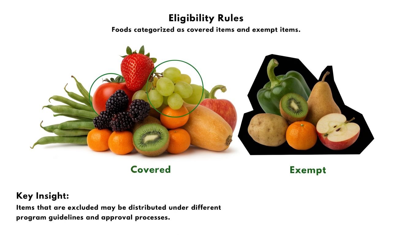 A visual comparison between food items categorized as covered or exempt under eligibility rules.