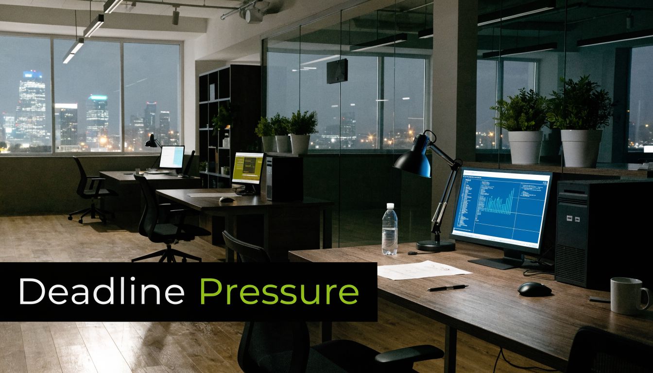 A quiet, modern office workspace during nighttime with lit computer monitors, highlighting a sense of deadline pressure.