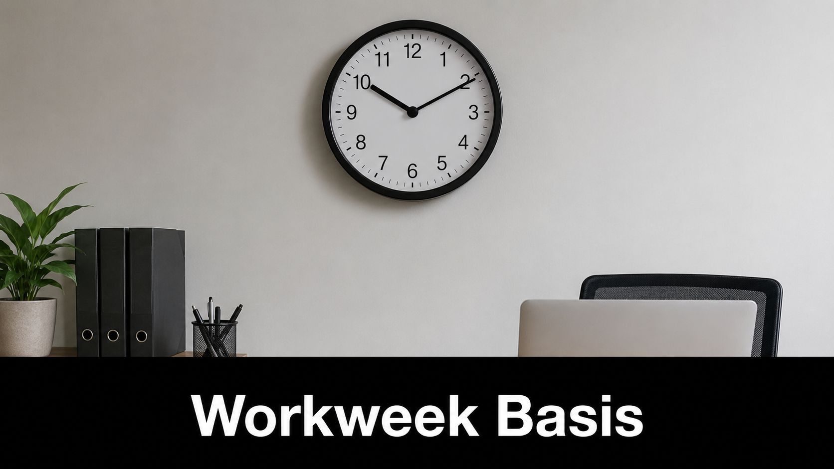 A modern minimalist home office desk with a wall clock, notebooks, and a laptop.