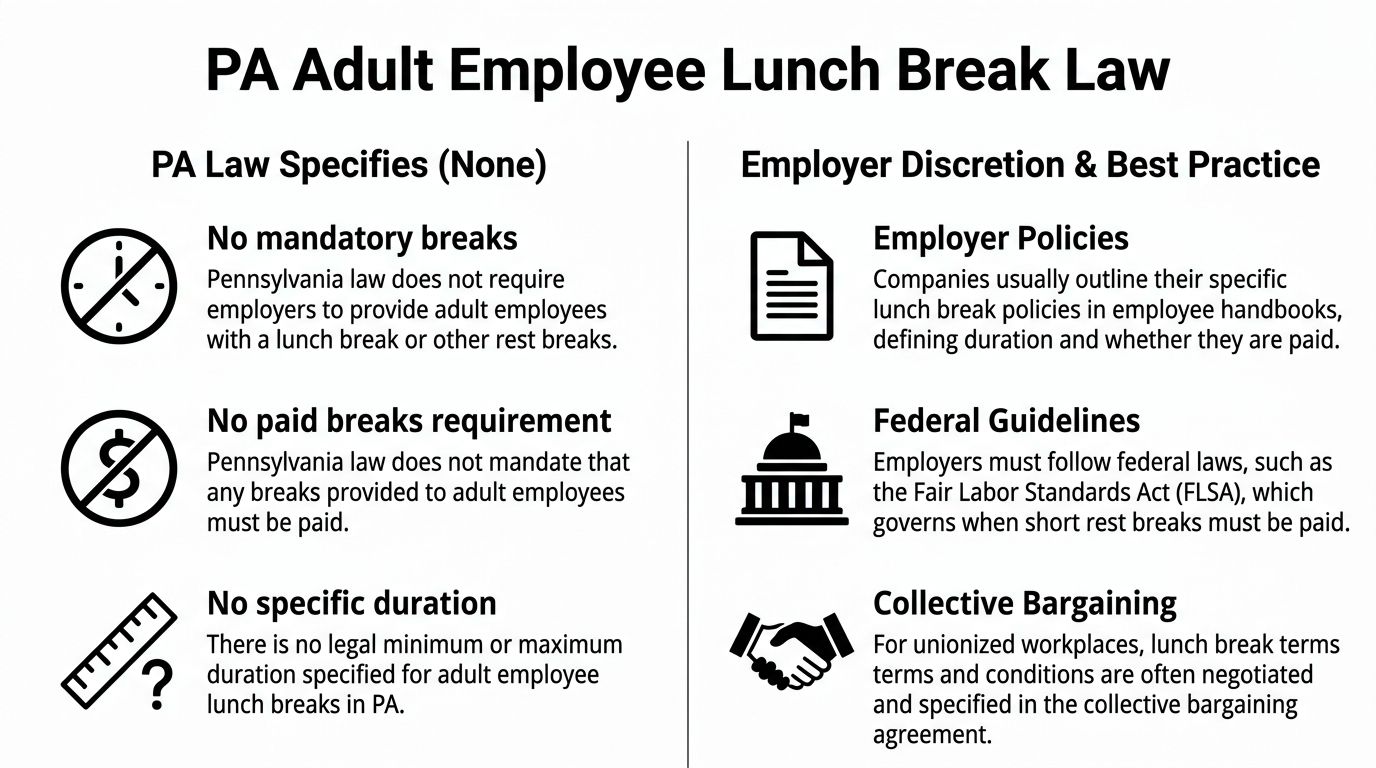 An informational graphic summarizing Pennsylvania laws regarding adult employee lunch breaks and employer discretion.