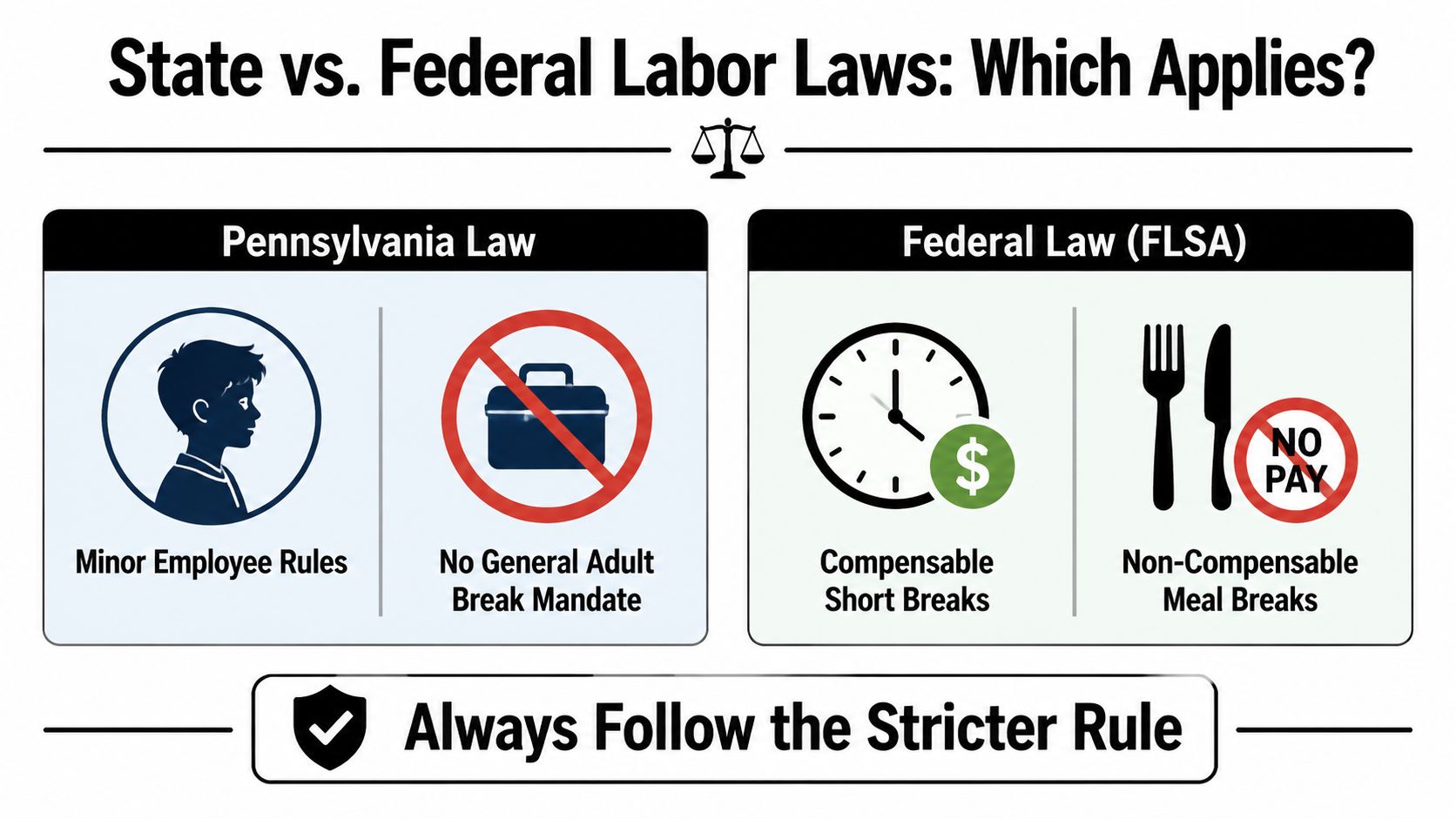 An infographic comparing Pennsylvania labor laws and federal FLSA regulations regarding breaks for adult and minor employees.