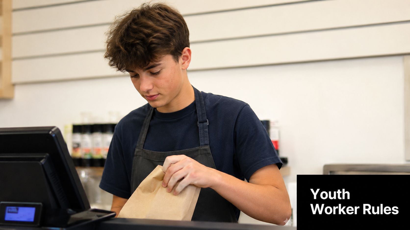 A young male worker in a dark t-shirt and apron packing a paper bag at a restaurant counter.