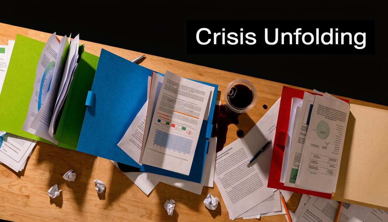 A messy desk with scattered papers, colorful folders, a coffee spill, and crumpled balls of paper.