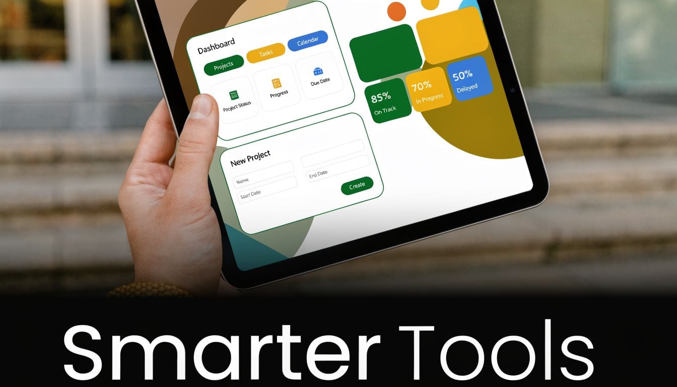 A hand holding a tablet displaying a project management dashboard for improving workplace productivity and organization.