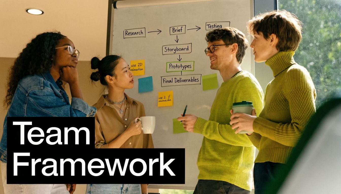 A diverse group of professionals collaborating on a workflow chart during a team meeting in an office.