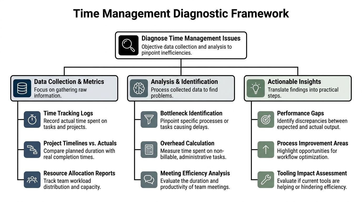A diagram titled Time Management Diagnostic Framework showing three stages: data collection, analysis, and actionable insights.