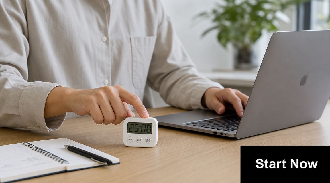 A person using a Pomodoro timer and a laptop at their workspace to improve productivity.