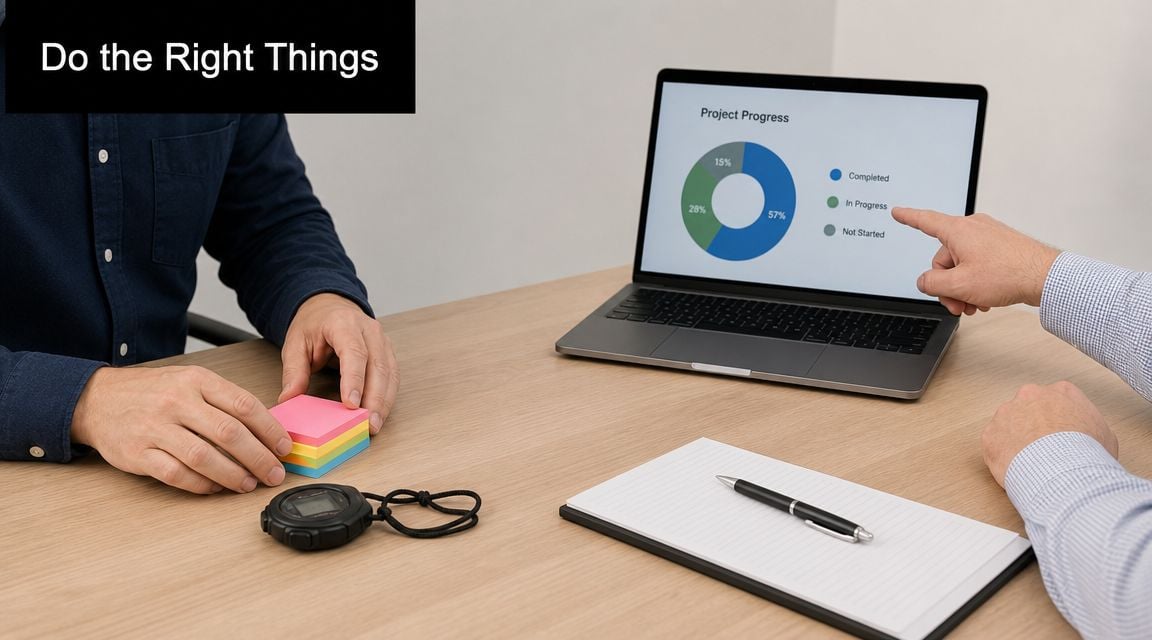 Two people working at a desk with a laptop displaying a project progress pie chart.