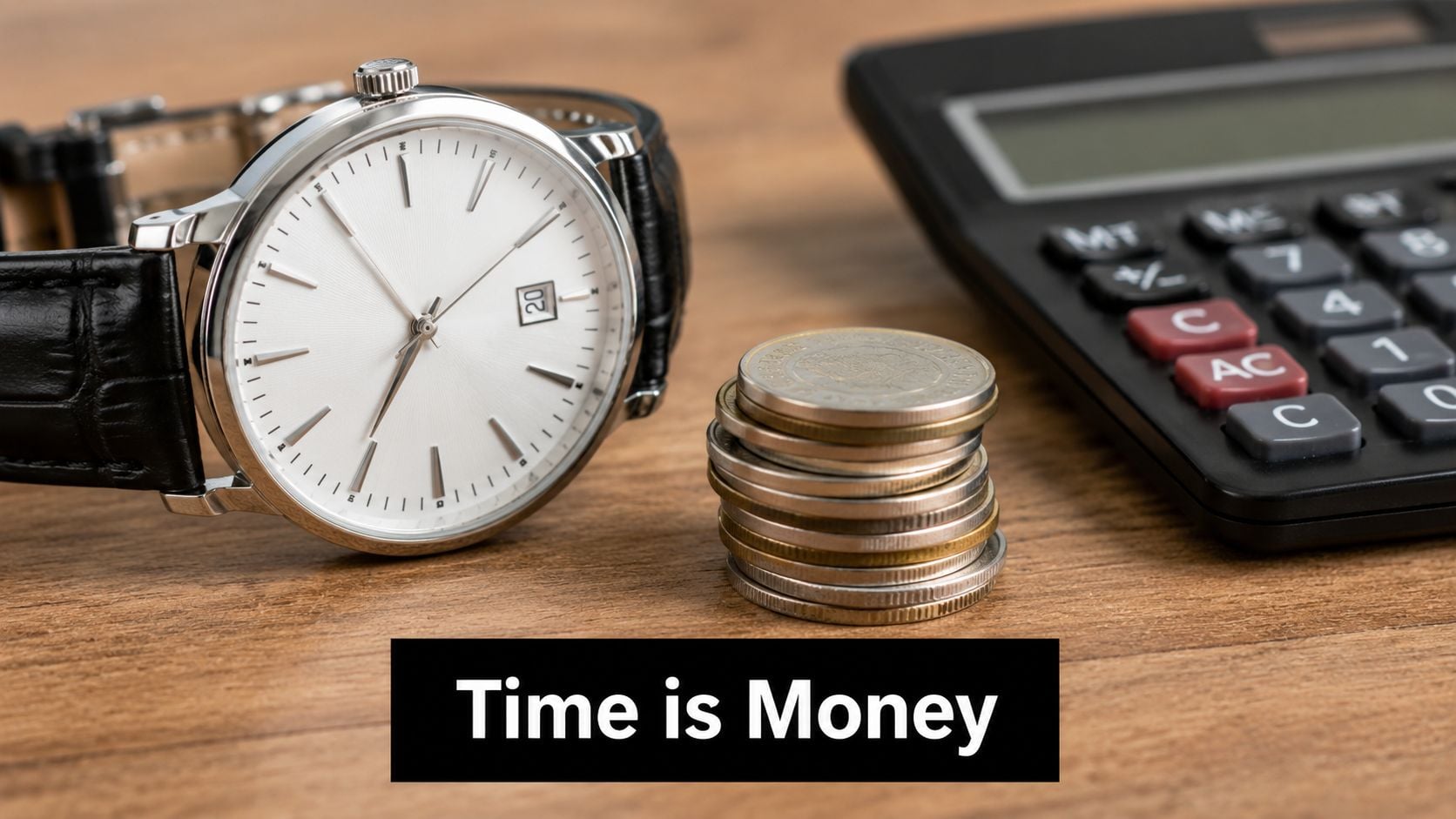 A wristwatch, a stack of coins, and a calculator on a wooden desk with Time is Money text.