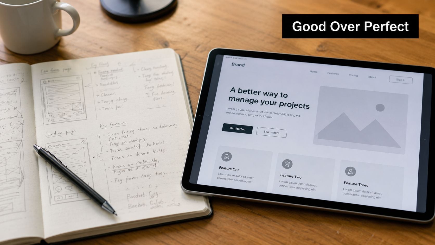 A tablet displaying website project design next to a notebook with handwritten sketches on a wooden desk.