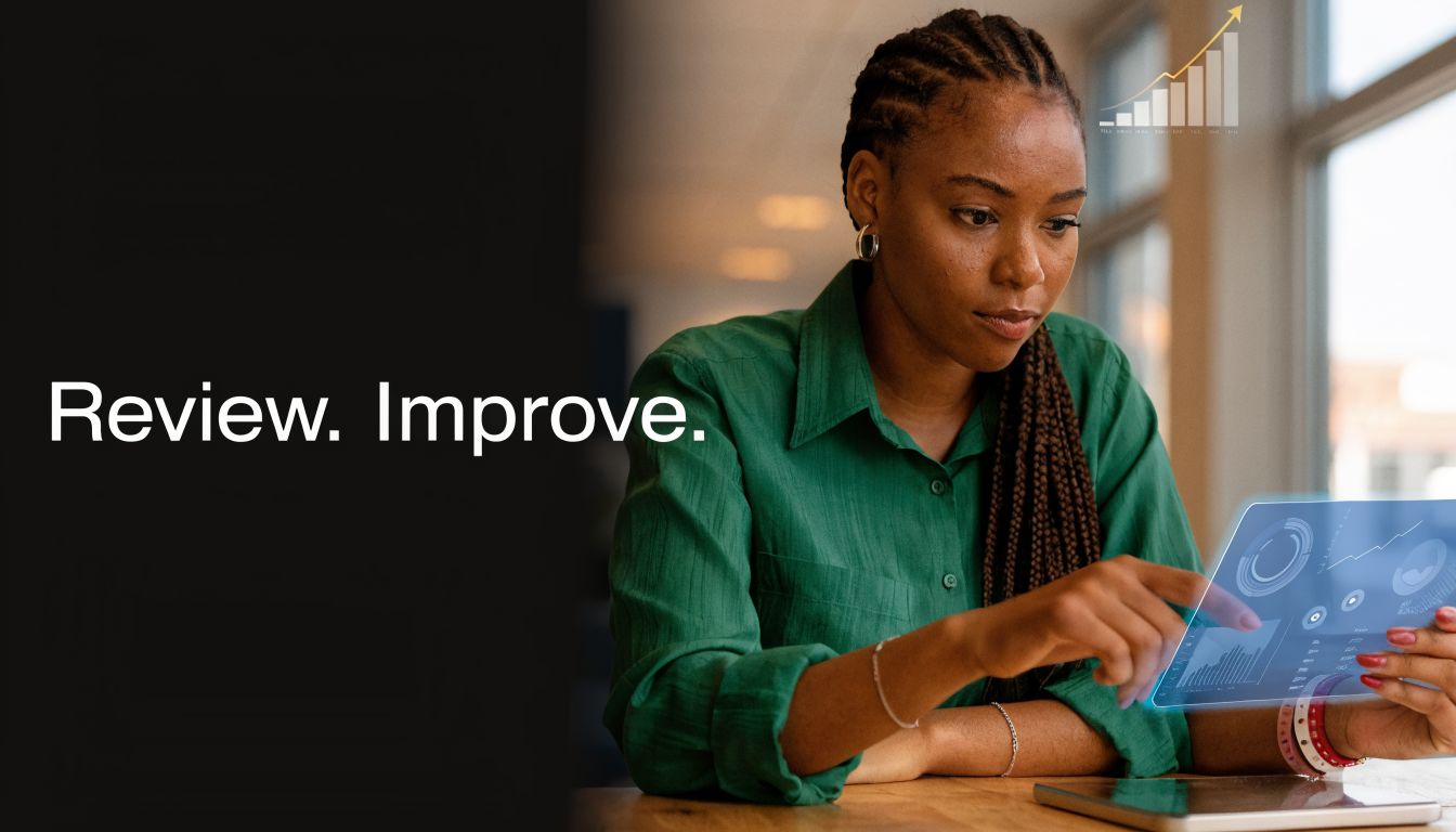 A businesswoman analyzing digital data charts on a holographic tablet to improve business planning processes.