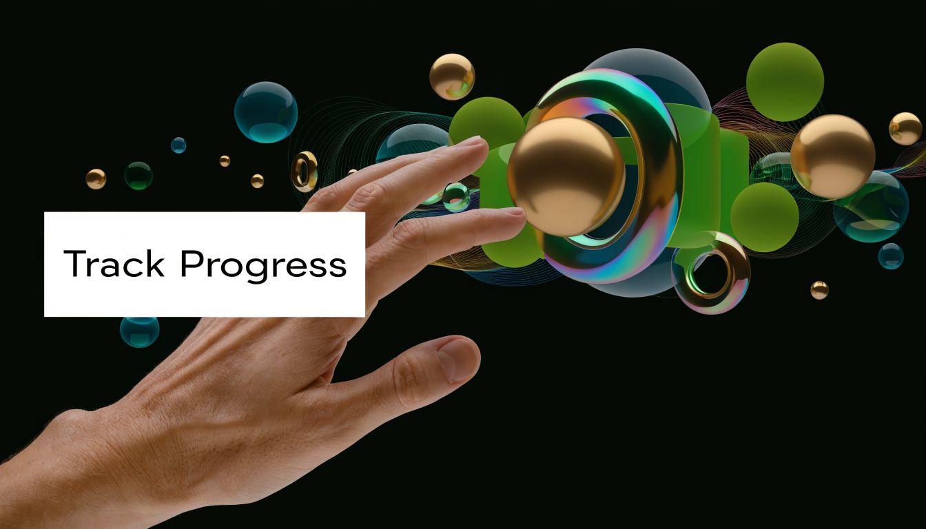 A hand reaching towards floating abstract golden spheres and green geometric shapes on a black background.