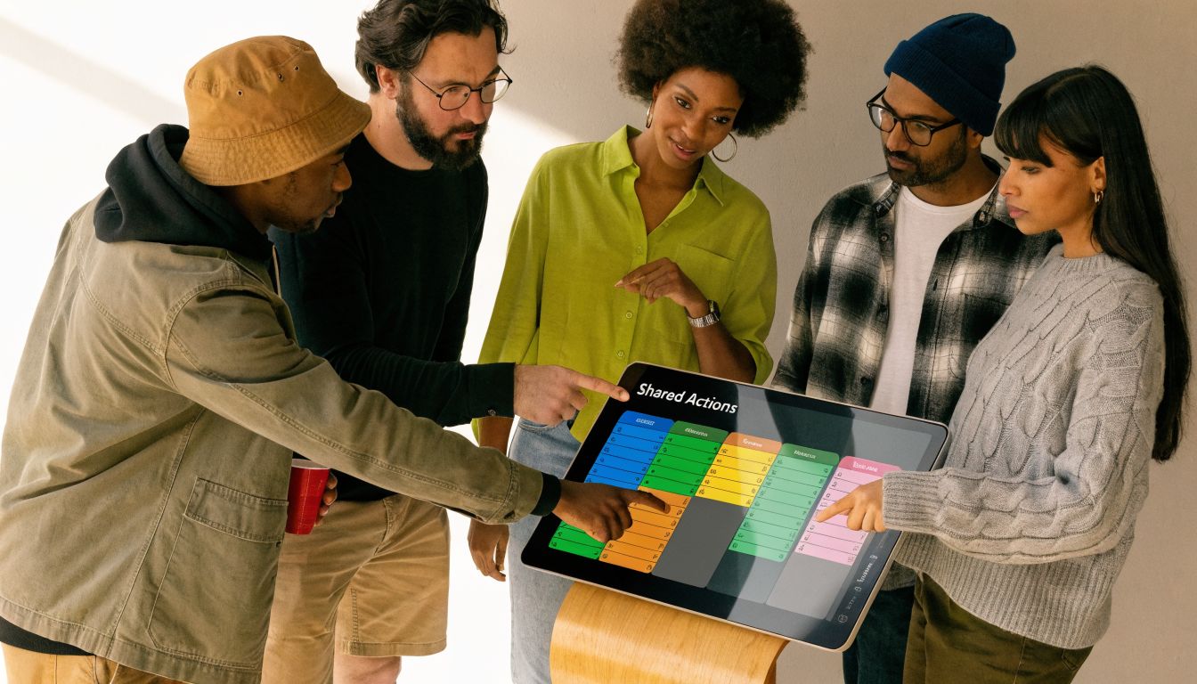 A diverse team collaborating and pointing at a digital screen showing a shared actions planning chart.
