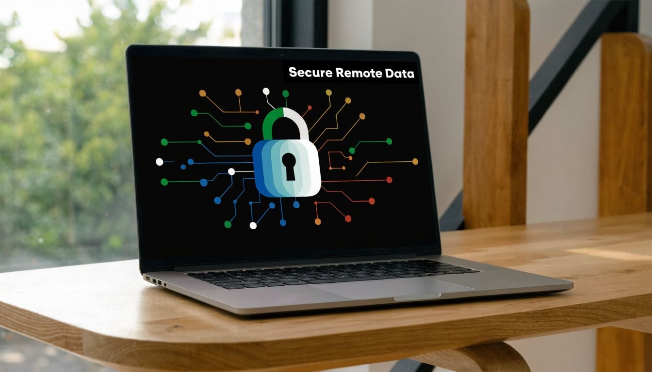 A silver laptop sitting on a wooden desk displaying a secure remote data cybersecurity graphic illustration.