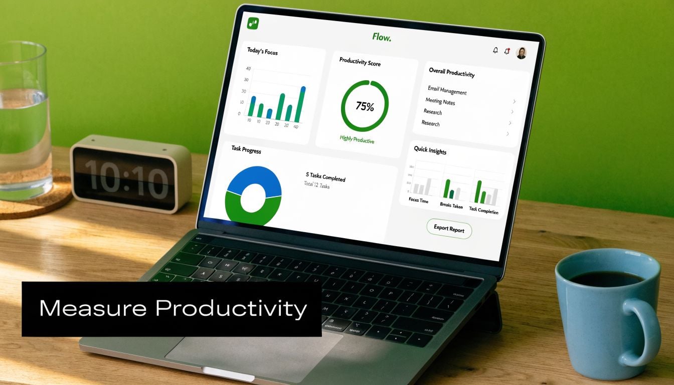 A laptop screen displaying a productivity dashboard application, sitting on a wooden desk with a coffee mug.