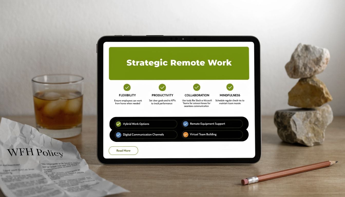A digital tablet displaying strategic remote work guidelines on a desk next to a drink and pencil.