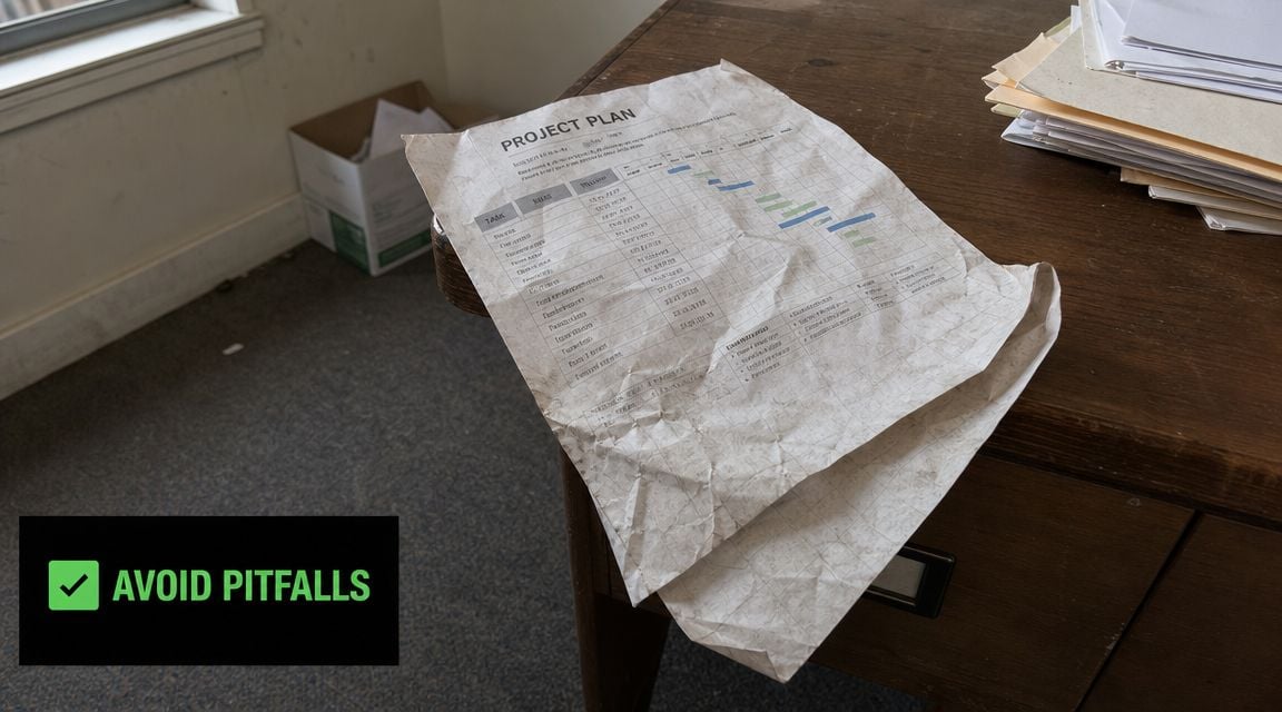 A crumpled project plan document lying on a wooden office desk next to a stack of papers.