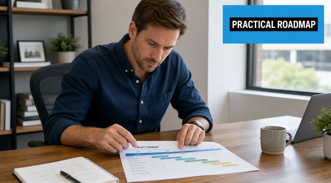 A professional man sitting at a desk reviewing a project roadmap document in a modern office.