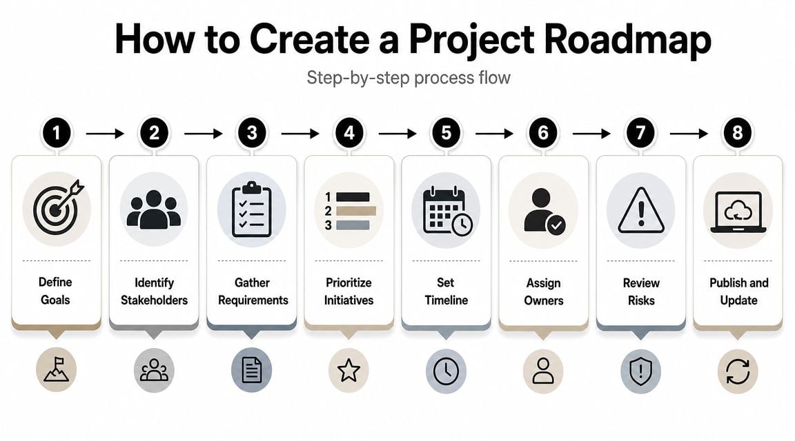 An infographic titled How to Create a Project Roadmap showing an eight-step process flow with icons.