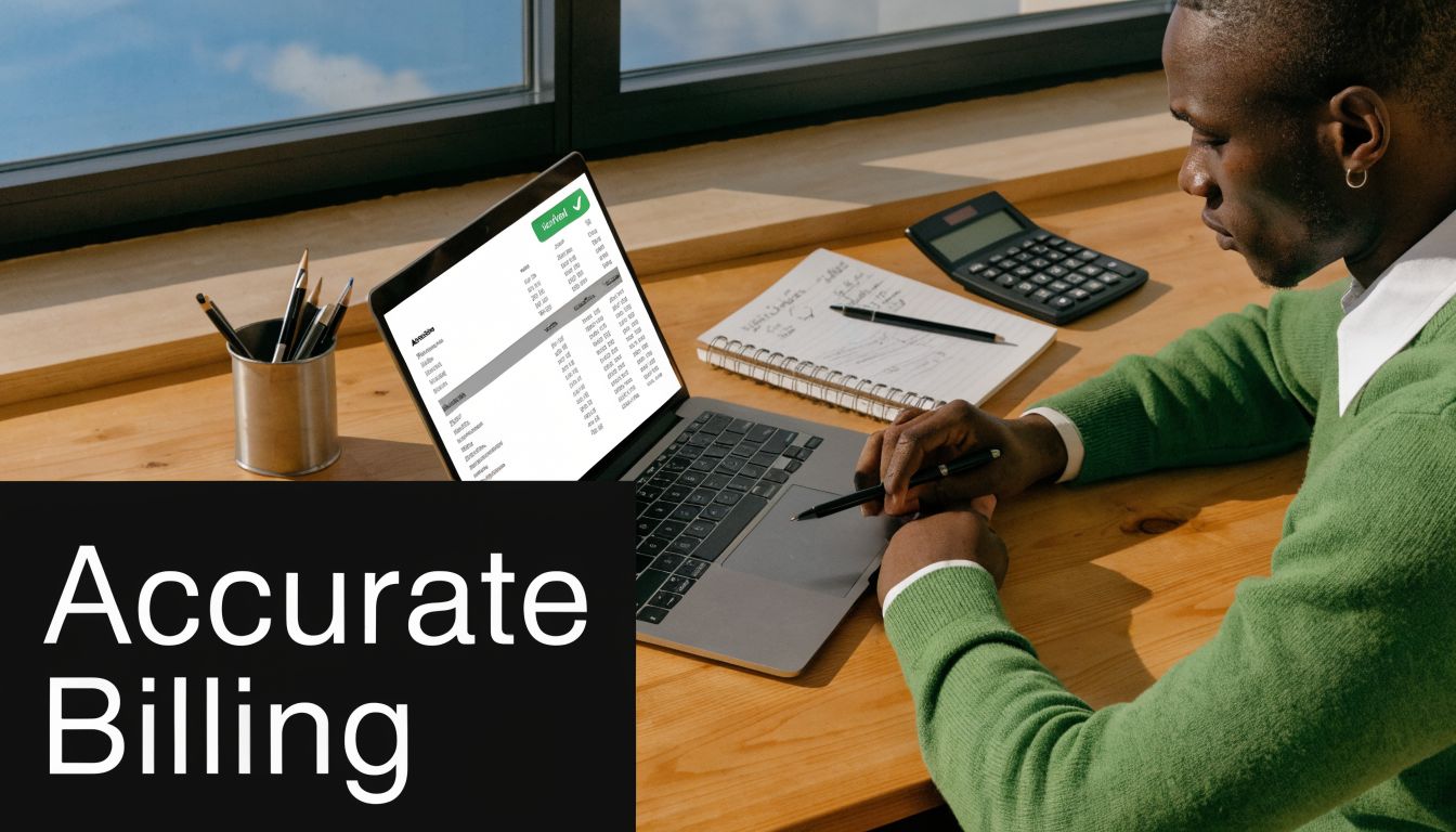 A professional man reviewing accurate billing invoices on a laptop while working at his desk.