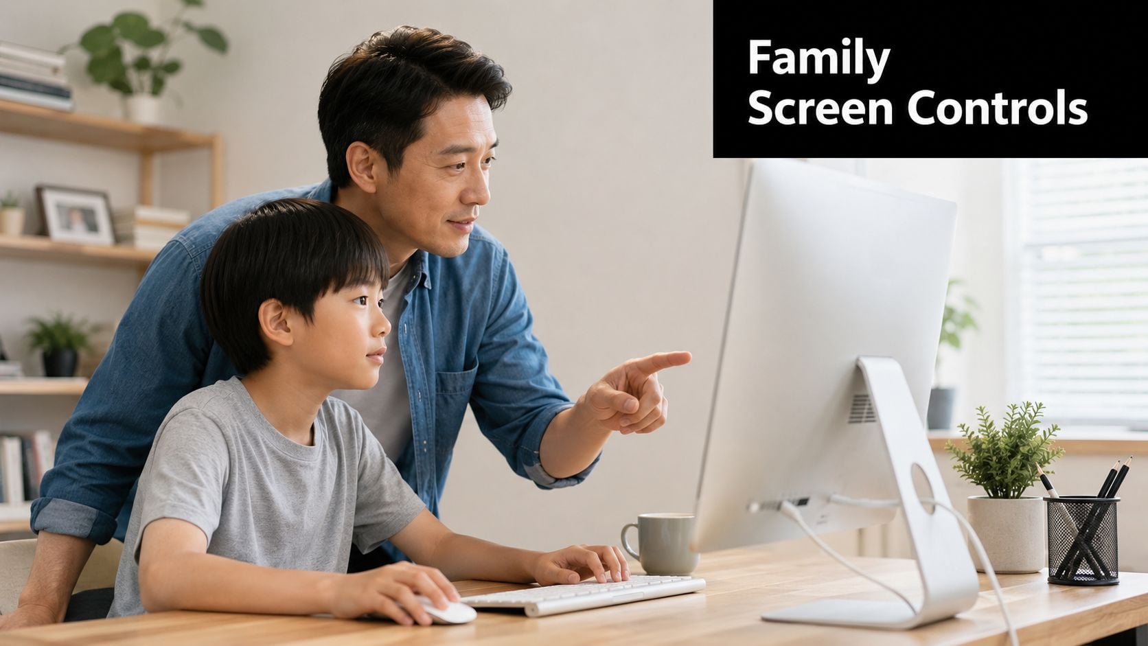 An Asian father pointing at a computer screen while helping his young son with schoolwork.