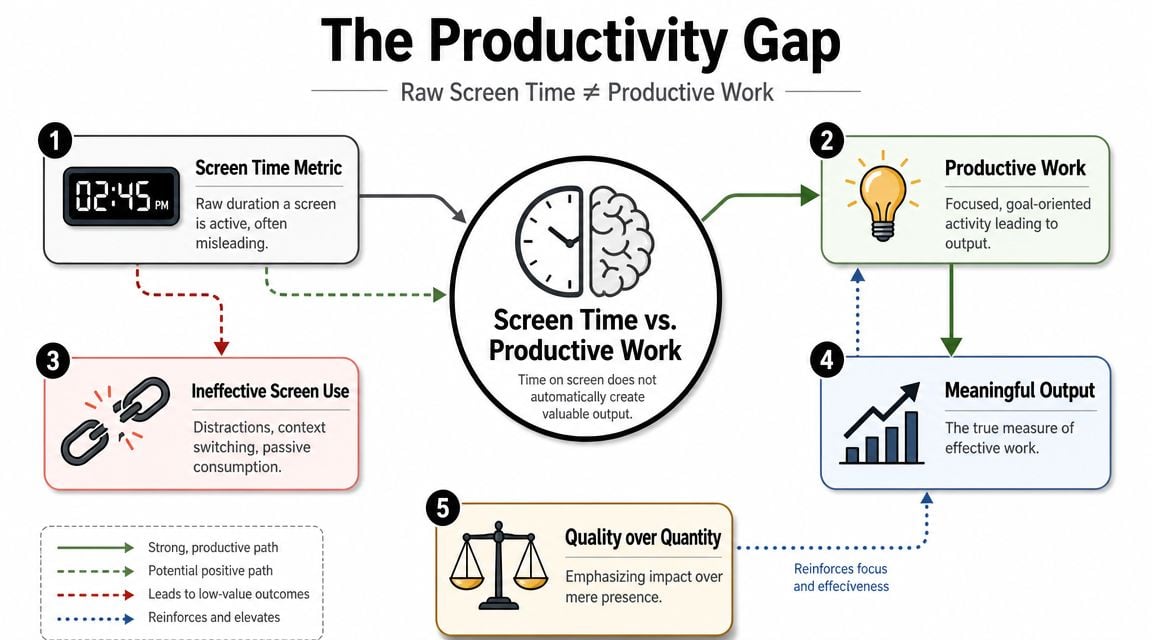 A diagram titled The Productivity Gap illustrating the difference between screen time and truly productive, meaningful work.