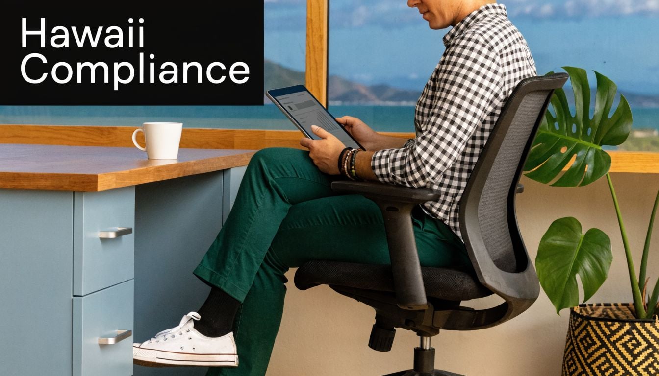 A professional sitting at a desk by a window in Hawaii, reviewing compliance documents on a tablet.