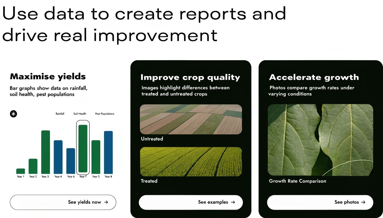 A digital dashboard showing agricultural data visualizations including bar graphs and images of treated versus untreated crops.