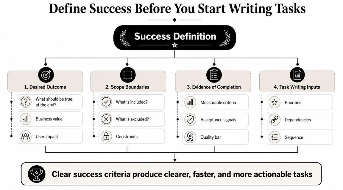 A diagram outlining a four-step framework for defining success before writing project tasks and improving productivity.