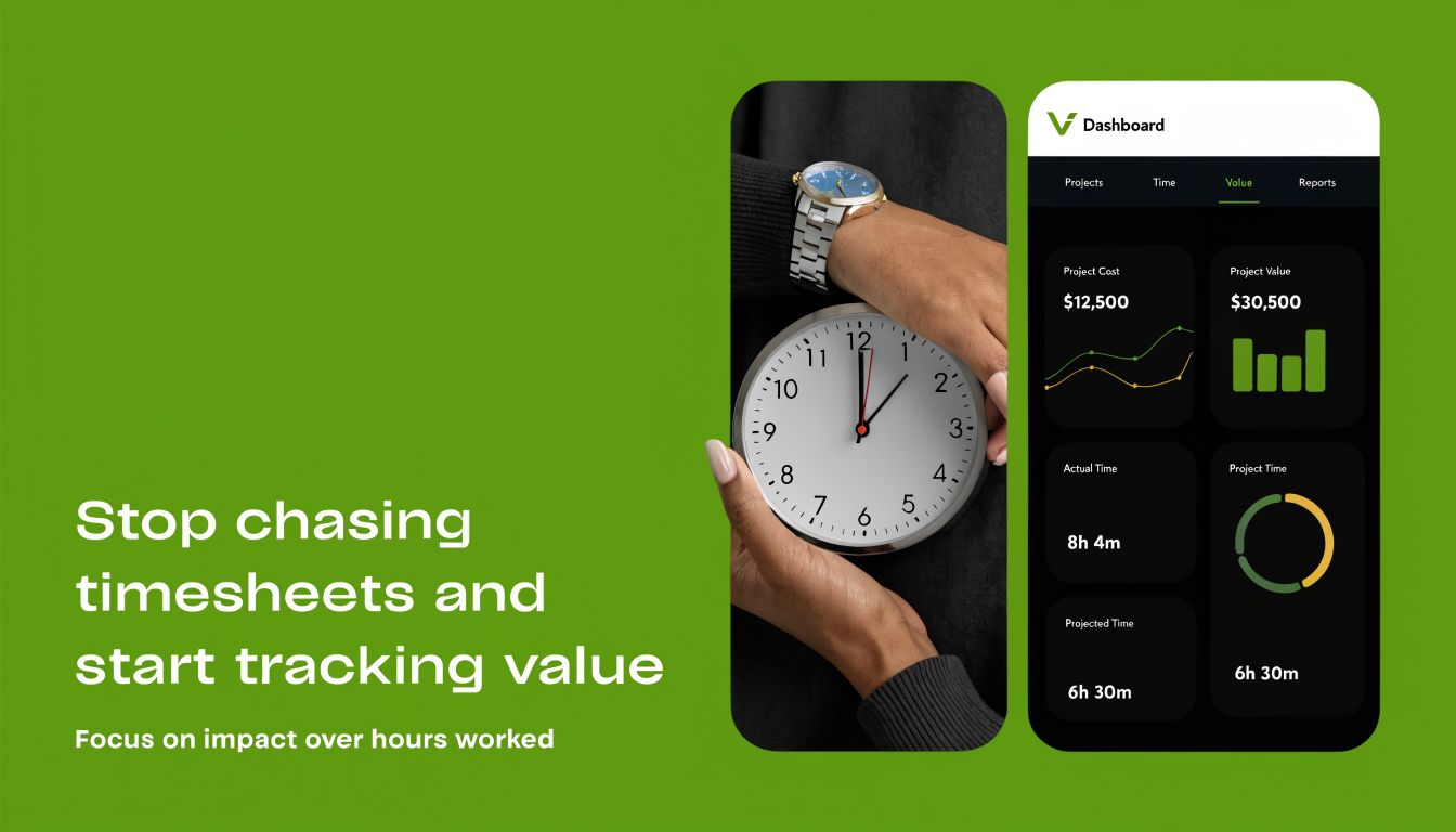 A digital marketing graphic promoting value-based project tracking instead of traditional timesheets with a dashboard interface.