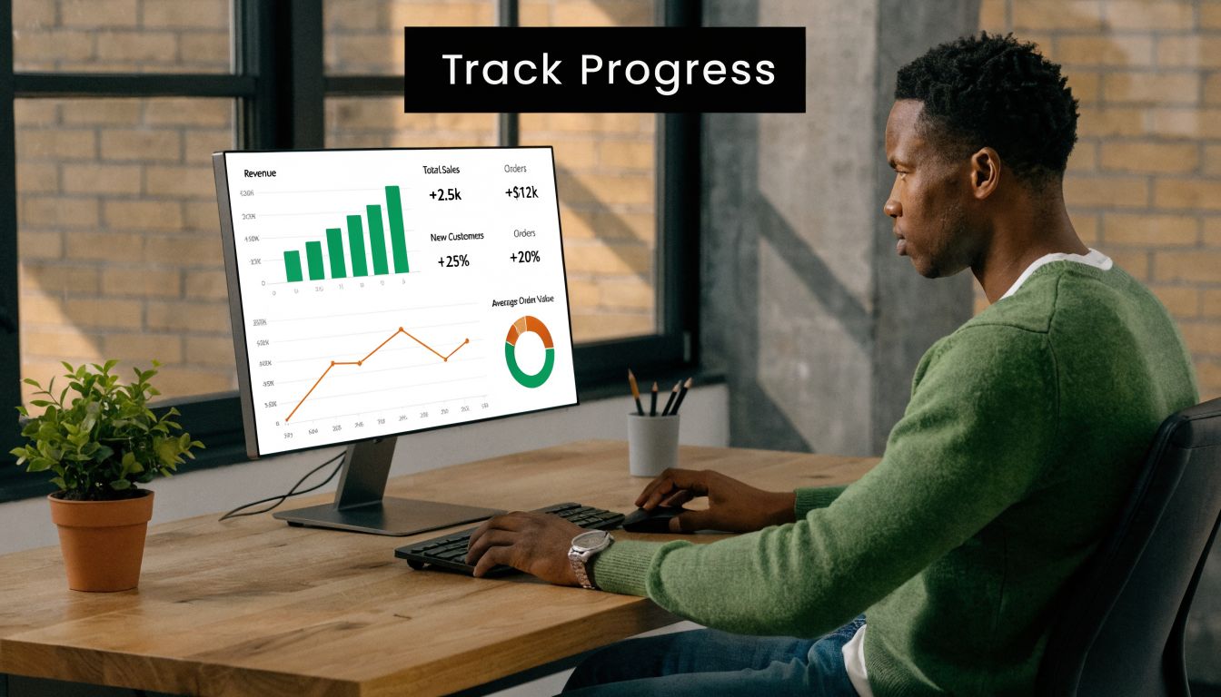 A man in a green sweater works at a wooden desk viewing business analytics on a computer monitor.