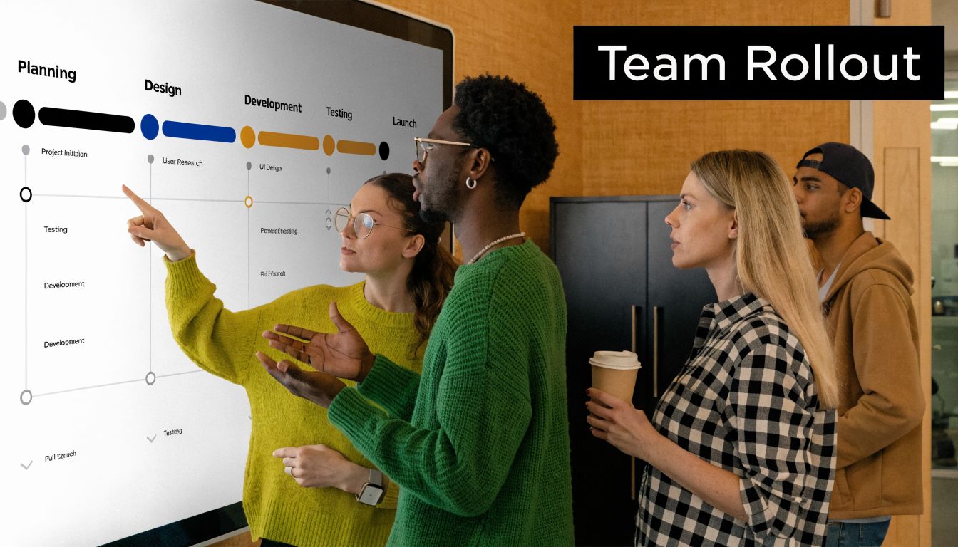 A diverse team collaboratively discussing a project timeline and workflow strategy on a large digital whiteboard.