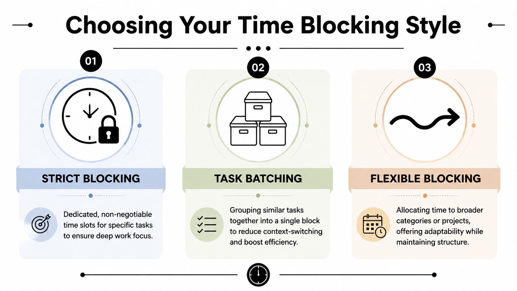 An infographic illustrating three different time blocking techniques: strict blocking, task batching, and flexible blocking.