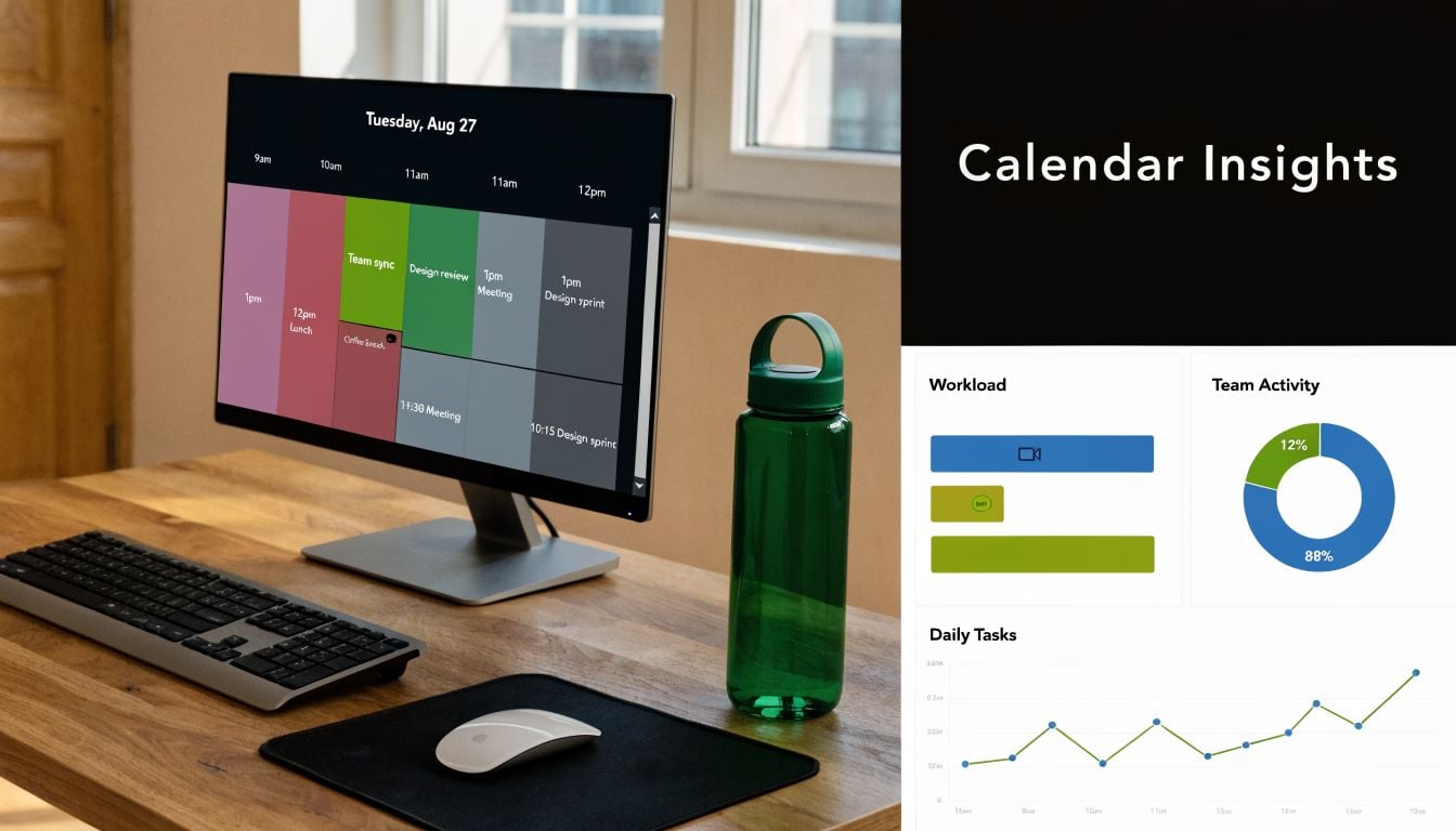 A modern desk workspace featuring a computer screen displaying a calendar and data insights dashboard.