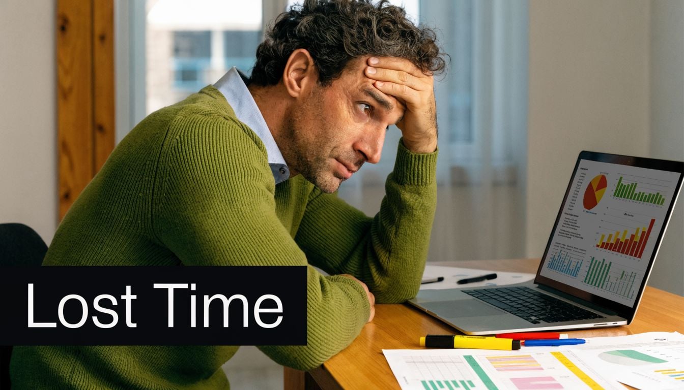 A stressed man sitting at a desk with a laptop displaying business charts and graphs.