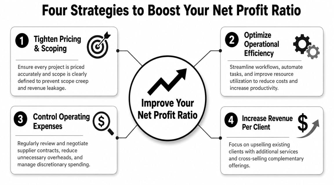A diagram outlining four effective business strategies to improve and boost your net profit ratio.
