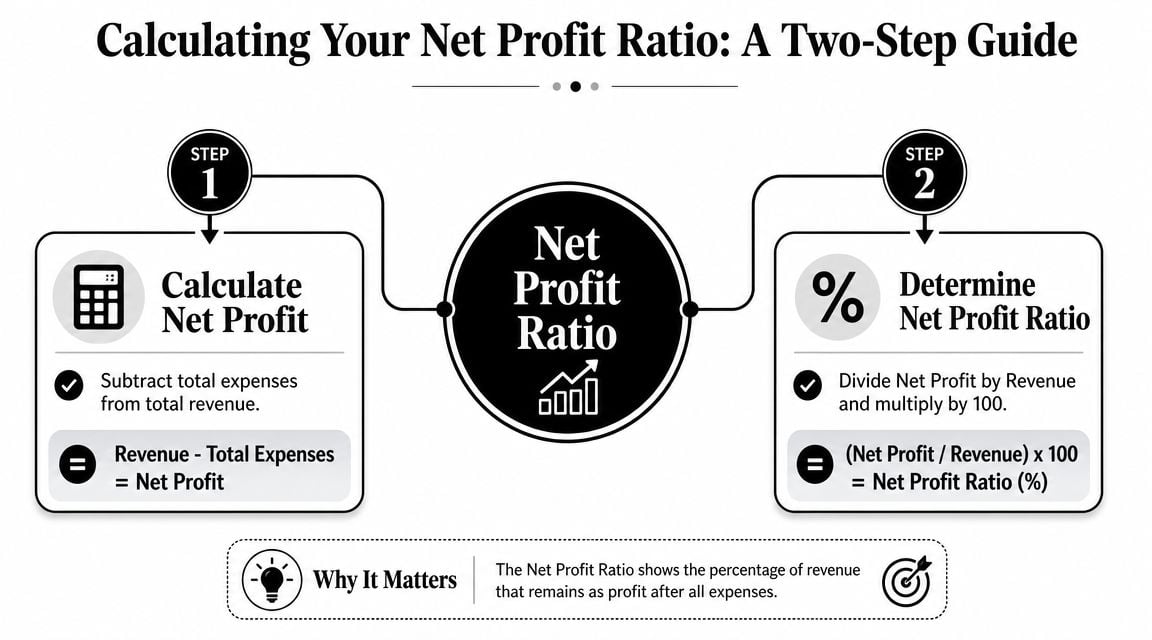 A two-step infographic guide explaining how to calculate net profit ratio using a simple formula.
