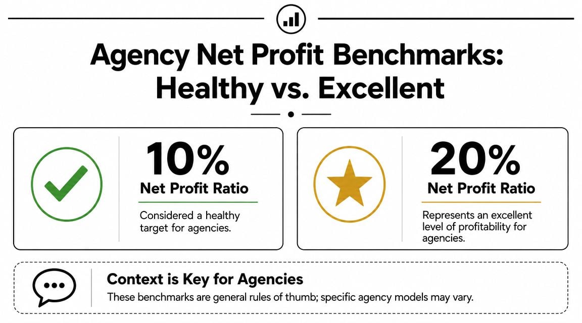 A chart showing agency net profit benchmarks, indicating 10 percent as healthy and 20 percent as excellent.