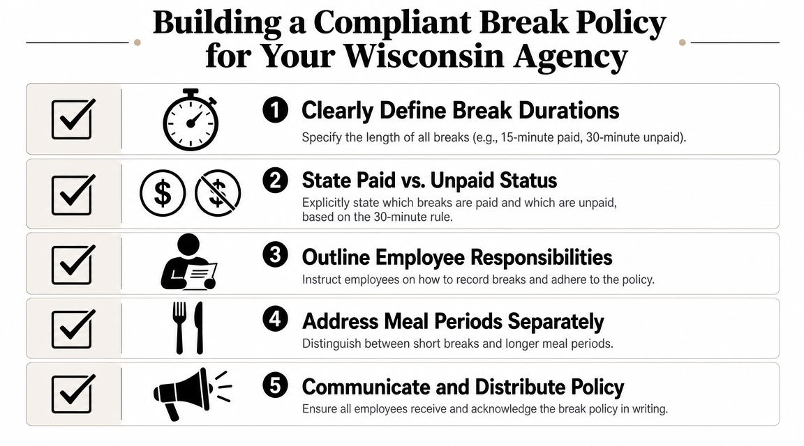 A checklist infographic outlining five key steps for creating a compliant employee break policy in Wisconsin.