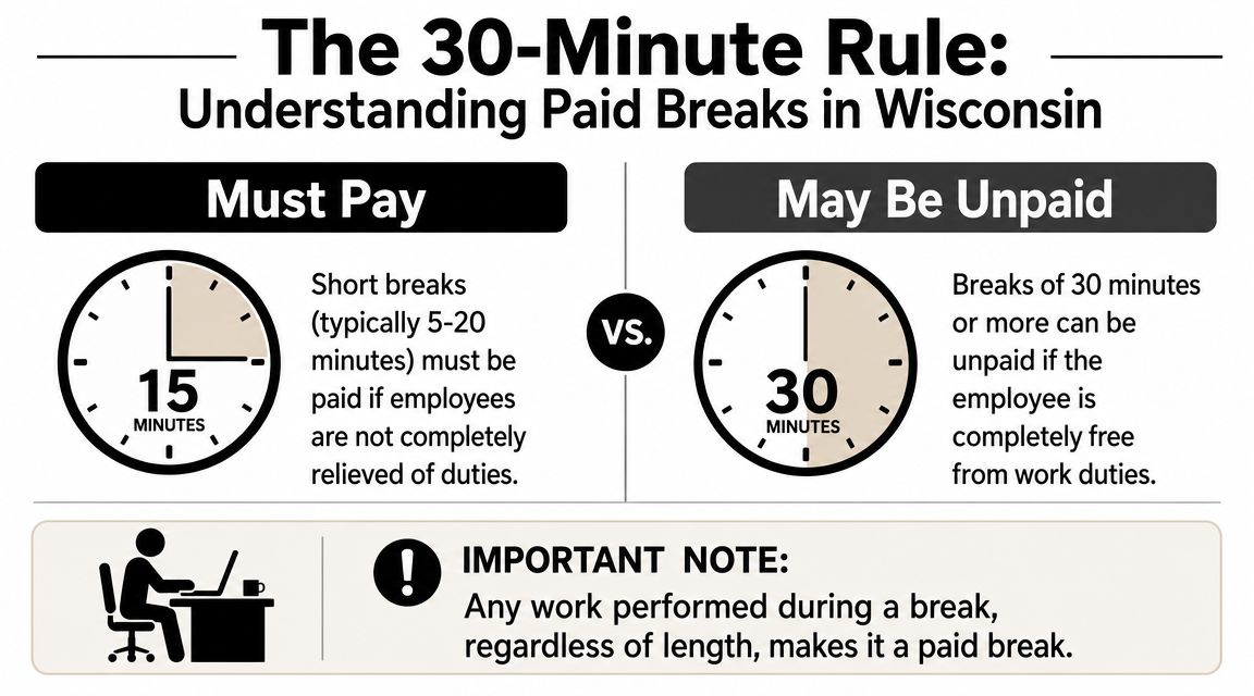 An infographic explaining the rules for paid versus unpaid employee work breaks in Wisconsin.